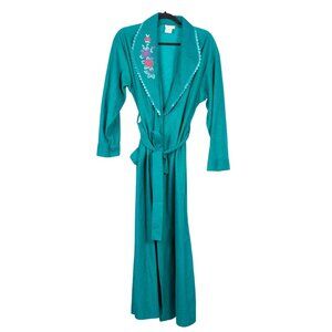 Adonna VTG Robe S Womens Green Embroidered Floral Ruffled Collar Dacron